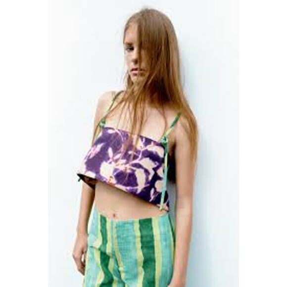 Nwt ZARA Women's Purple Floral Linen Blend Crop Top Sz L - Picture 3 of 7